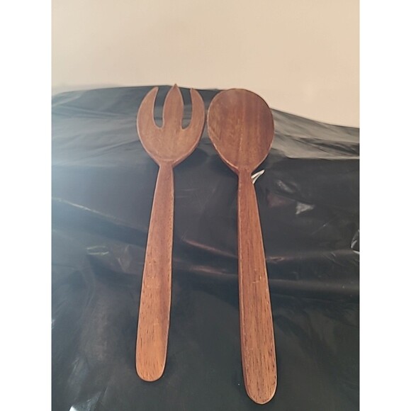 Vintage Wooden  Salad Servers 13" Set of Salad Mixing Dinner Fork & Spoon - Picture 2 of 4